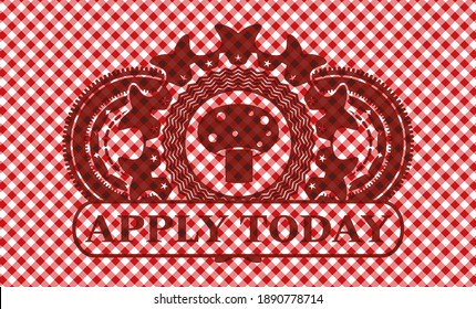 icono de hongo y botón Aplicar hoy en el mantel rojo de cuadros de texto. Restaurante con un bonito fondo. Ilustración artística. 