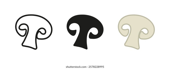 Mushroom icon. Champignon slice vector illustration. Edible mushroom symbol. Pizza ingredient sign. Gourmet cuisine pictogram. Sliced champignon concept isolated. Vegetable silhouette.