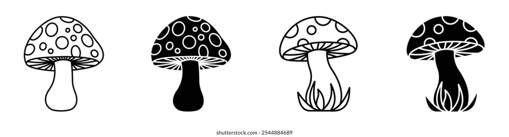 Mushroom icon collection in black and white filled and solid vector style.