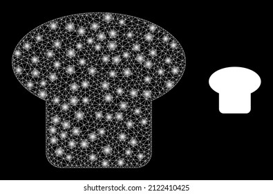 Mushroom icon and constellation net mesh mushroom model with sparkle spots. Illuminated model generated using mushroom vector icon and triangulated mesh. Bright carcass mushroom,