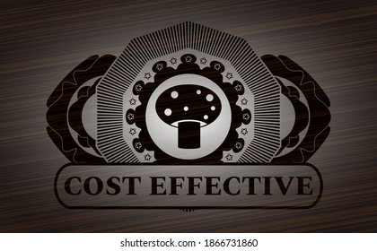 mushroom icon and Cost effective text wood realistic badge. Brown classic background. Intense illustration. 