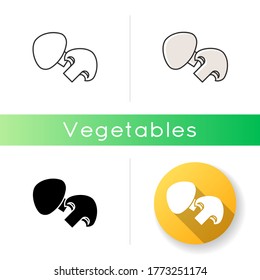 Mushroom icon. Fresh vegetable for cooking meal. Product form grocery store. Nutrient veggie from supermarket. Vegan salad recipe. Linear black and RGB color styles. Isolated vector illustrations