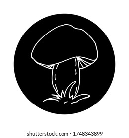 Mushroom icon. Hand drawn ink brush line contour, sketch style, white outline stroke. A black circle background. Vector illustration