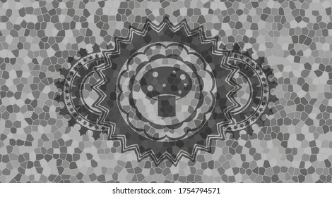 mushroom icon inside grey color stone wall realistic badge. Rock fancy background. Illustration. 