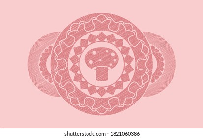 ícono de hongo dentro de la insignia de golpe rosado. Color rosa de fondo elegante. Ilustración. 