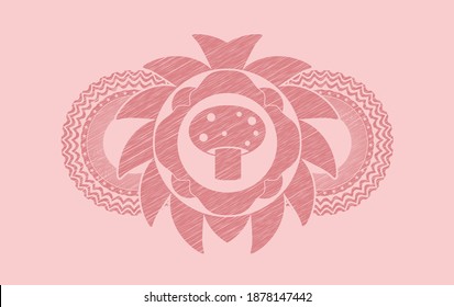 mushroom icon inside Pink stroke emblem. Rose color classic background. Vector illustration. 