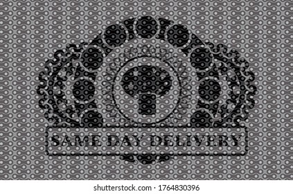 mushroom icon and Same day delivery text black abstract realistic emblem. Pattern luxurious background. Vector illustration. 