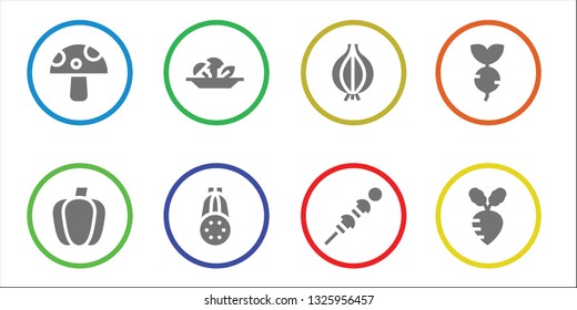 mushroom icon set. 8 filled mushroom icons.  Collection Of - Mushroom, Paprika, Courgette, Onion, Vegetables, Turnip