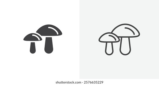 Mushroom icon set in black flat solid and outlined style.