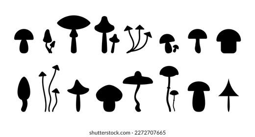Mushroom icon set. Poisonous and edible mushrooms black silhouette. Vector isolated on background.