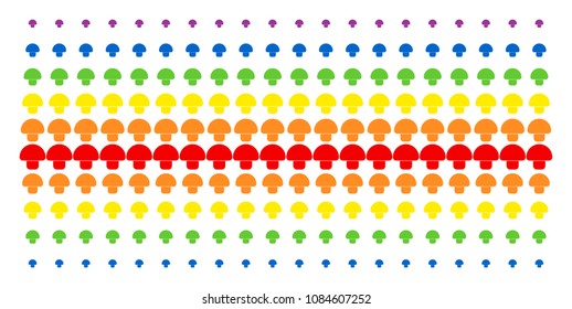 Mushroom icon spectral halftone pattern. Vector objects organized into halftone array with vertical rainbow colors gradient. Constructed for backgrounds, covers, templates and abstract compositions.