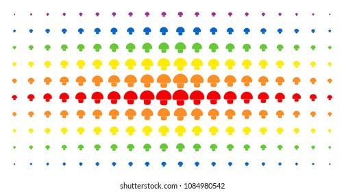 Mushroom icon spectral halftone pattern. Vector mushroom shapes are organized into halftone grid with vertical spectral gradient. Constructed for backgrounds, covers,