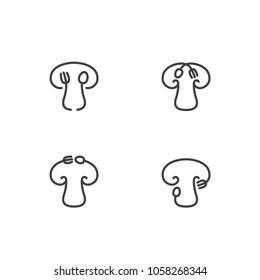 Mushroom icon with spoon fork concept outline stroke set flat design black and white color illustration isolated on white background, vector eps 10