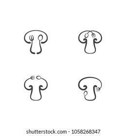 Mushroom icon with spoon fork concept outline stroke set flat design black and white color illustration isolated on white background, vector eps 10
