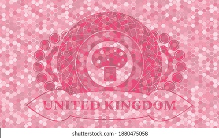 mushroom icon and United Kingdom text pink tile mosaic style realistic badge. Geometric hexagon handsome background. Vector illustration. 