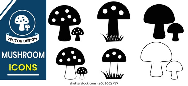 Mushroom icon, vector set. Mushroom vegetable, food, logo design with grass. Silhouette of mushroom vector, symbol design. Vector illustration.