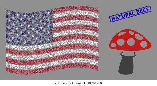 Mushroom icons are organized into American flag mosaic with blue rectangle corroded stamp watermark of Natural Beef phrase. Vector collage of America waving official flag is done of mushroom icons.