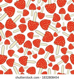 mushroom illustration, seamless vector repeat pattern, fly agaric in red and white spots on a white background