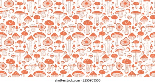 Mushroom Illustration Vector Seamless Pattern Hand-Drawn Red and White Fungy Forest Fall Vibes