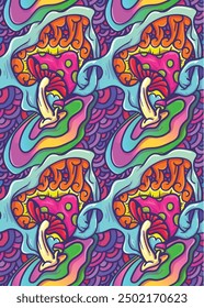 mushroom in island of abstract wave psychedelic bright color repeatable seamless pattern vector illustration