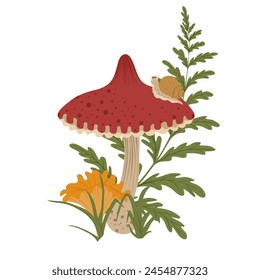 Mushroom isolated element. Autumn composition with fly agaric, fern leaves, chanterelle, snail. Fall mushrooms vector illustration for sticker, logo, print. White background.