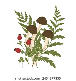 Mushroom isolated element. Autumn composition with shimeji, fern leaves, berries. Fall mushrooms vector illustration for sticker, logo, print. White background.