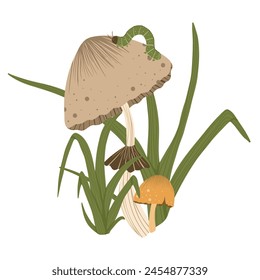 Mushroom isolated element. Autumn composition with parasol, grass leaves, caterpillar. Fall mushrooms vector illustration for sticker, logo, print. White background.