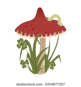 Mushroom isolated element. Autumn composition with fly agaric, clover leaves, caterpillar. Fall mushrooms vector illustration for sticker, logo, print. White background.