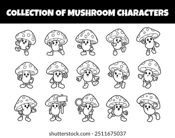 Mushroom kawaii character outline vector illustration set