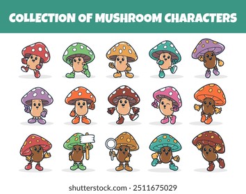 Mushroom kawaii character vector illustration set