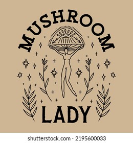 Mushroom lady logo, moon goddess sacred woman celestial card. Mystical boho fungi girl. Mystic esoteric black and gold color witchcraft vector and jpg printable image, unique boho clipart