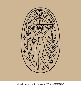 Mushroom lady logo, moon goddess sacred woman celestial card. Mystical boho fungi girl. Mystic esoteric black and gold color witchcraft vector and jpg printable image, unique boho clipart