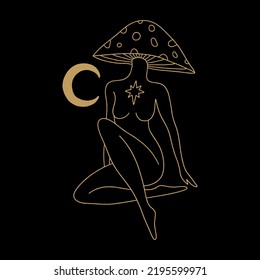 Mushroom lady, moon goddess sacred woman celestial card. Mystical boho fungi girl. Mystic esoteric black and gold color witchcraft vector and jpg printable image, unique boho clipart illustration