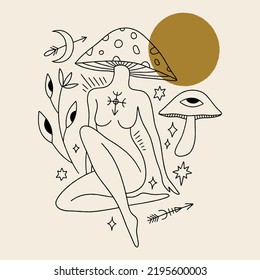 Mushroom lady, moon goddess sacred woman celestial card. Mystical boho fungi girl. Mystic esoteric black and gold color witchcraft vector and jpg printable image, unique boho clipart illustration