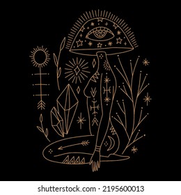 Mushroom lady, moon goddess sacred woman celestial card. Mystical boho fungi girl. Mystic esoteric black and gold color witchcraft vector and jpg printable image, unique boho clipart illustration