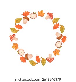 Mushroom and leaf autumn wreath with apples
