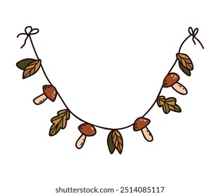 Mushroom and Leaf Garland on String - Flat Vector Autumn Decoration