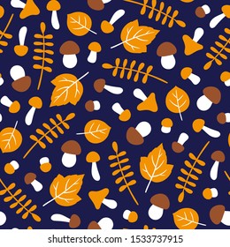 Mushroom and leaf pattern on navy blue background. Perfect for wrapping paper, wallpaper, pattern fills, web page background, autumn greeting cards, packaging, fabric