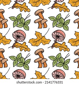 Mushroom and leafs. Vector seamless autumn pattern with mushrooms and wild strawberries. Autumn leaves. Doodle illustration.