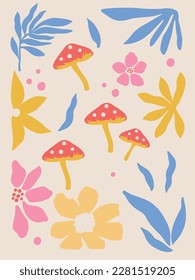 Mushroom with leaves and flowers seamless pattern.