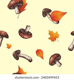 Mushroom with leaves seamless pattern. Designs on grid, and plain backgrounds in beige. Perfect for fabrics, wallpapers, and digital projects