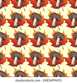 Mushroom with leaves seamless pattern. Designs on grid, and plain backgrounds in beige. Perfect for fabrics, wallpapers, and digital projects