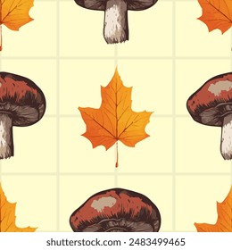 Mushroom with leaves seamless pattern. Designs on grid, and plain backgrounds in beige. Perfect for fabrics, wallpapers, and digital projects