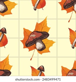 Mushroom with leaves seamless pattern. Designs on grid, and plain backgrounds in beige. Perfect for fabrics, wallpapers, and digital projects