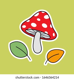 Mushroom and leaves. Vector image. Botanical stickers, pictures for children's books, postcards. The autumn theme.