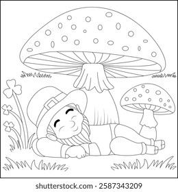 Mushroom with Leprechaun Line art design