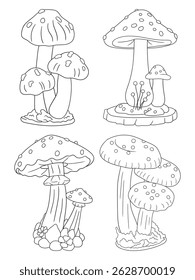 Mushroom line art in black and white for coloring pages. Perfect for nature-themed books, printable crafts, and educational coloring activities.