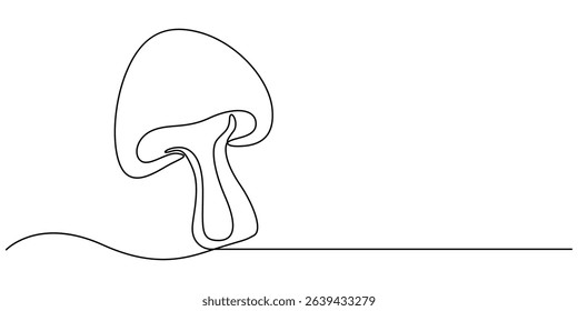 Mushroom line drawing. Nature food concept in continuous one single outline, Single-line art of a mushroom, simple, clean, and tasty. An edible autumn veggie, perfect from nature’s harvest. Champignon