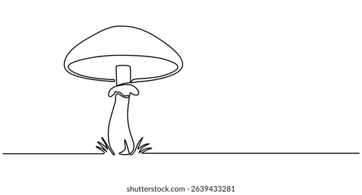Mushroom line drawing. Nature food concept in continuous one single outline, Single-line art of a mushroom, simple, clean, and tasty. An edible autumn veggie, perfect from nature’s harvest. Champignon