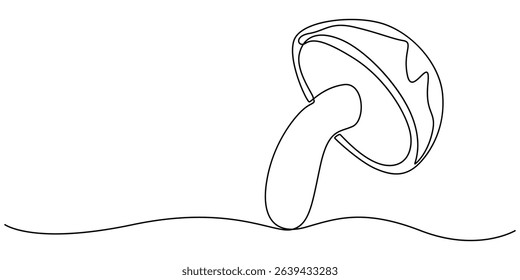 Mushroom line drawing. Nature food concept in continuous one single outline, Single-line art of a mushroom, simple, clean, and tasty. An edible autumn veggie, perfect from nature’s harvest. Champignon